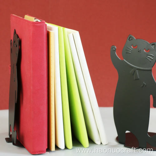 Soporte de libro de oficina de estudiante de metal creativo gato de dibujos animados negro
